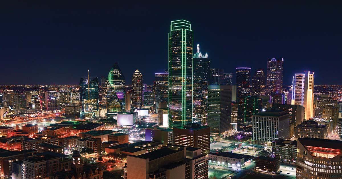 Dallas, Texas downtown skyline at night, home of the best sports videographers at American Sports Memories