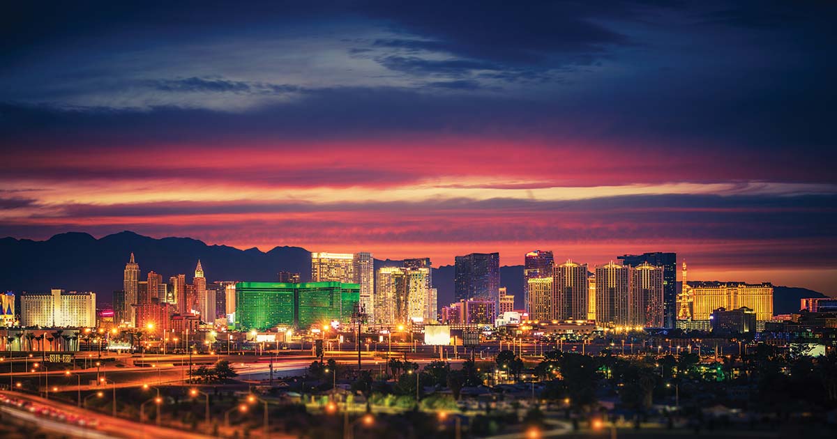 Las Vegas skyline at night, home of the best sports videographers at American Sports Memories